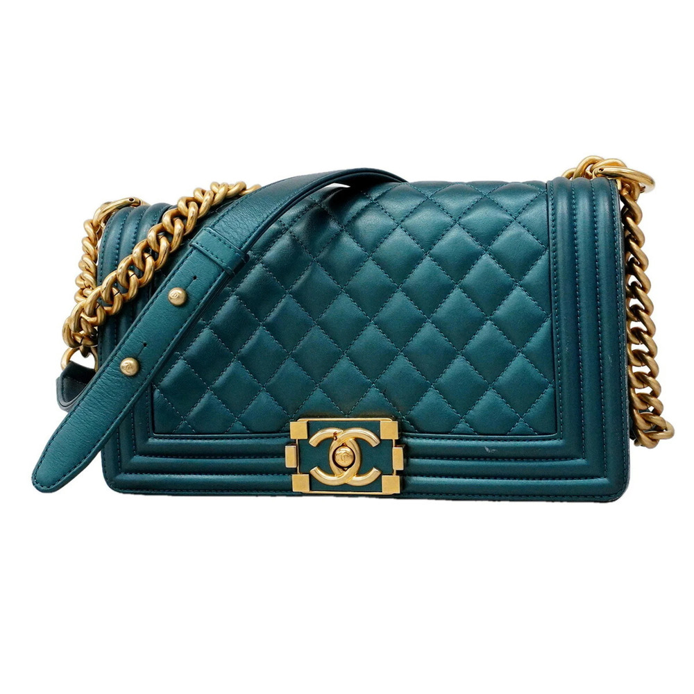 Chanel Boy Chain Shoulder Bag, Lambskin, Blue, Women's OP024995